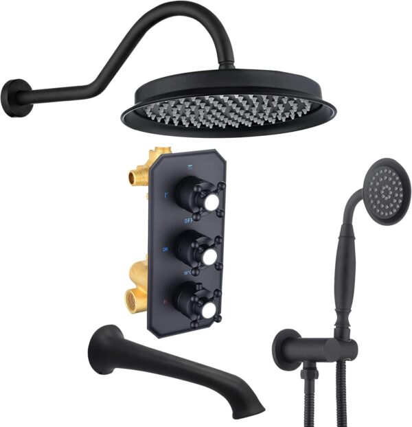 Matte Black Thermostatic Shower Mixer Set, Brass Concealed Rain Shower System with 9 Inches Round Shower Head, Handheld and Tub Spout, 3 Outlets - Image 2