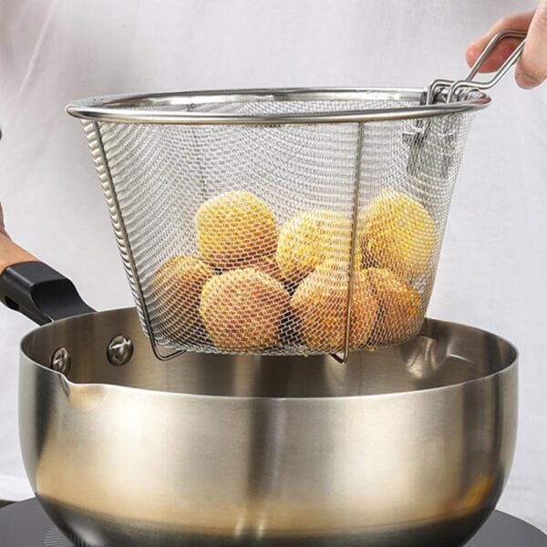 Angoily Stainless Steel Deep Fry Basket with Handle, Round Wire Fry Basket Deep Fryer Strainer for Frying (26X15X9. 5cm), Silver - Image 4