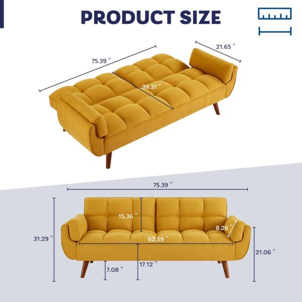 Fangflower Bed Yellow Velvet Sofa, Adjustable Backrest Convertible Sleeper Futon Loveseat with Tapered Wood Legs for Living Room, Bedroom, Apartment Lounge, Garage - Image 3