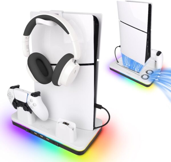 reiie PS5 Slim Cooling Stand with Dual Controller Charging Station, Multi-functional PS5 Slim Stand with RGB Light&Headphone Hook&2-Level Silent Fan for PS 5 Slim Digital/Disc - Image 2