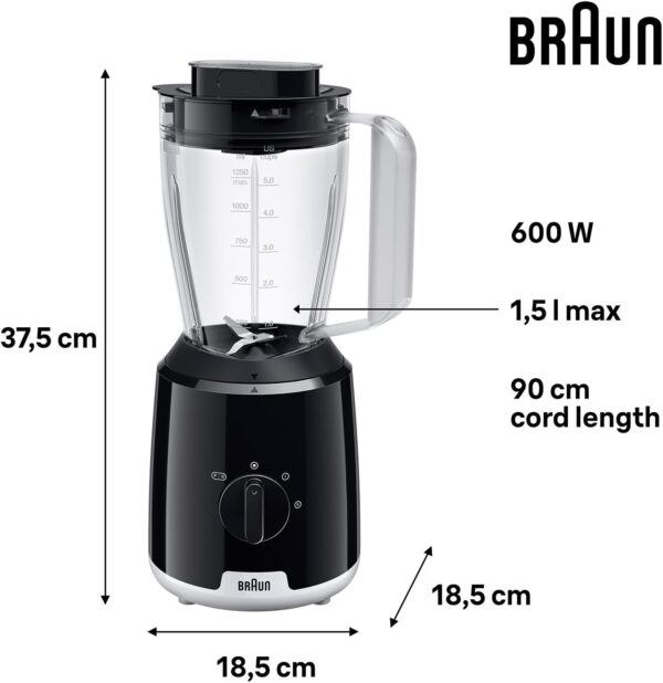 Braun PowerBlend 1 JB1051BK, Jug Blender with Unique Triangular Glass Jug, 2 Speed, Ice Crush Function, Smoothie2Go Bottle Included, 600W, Black - Image 4
