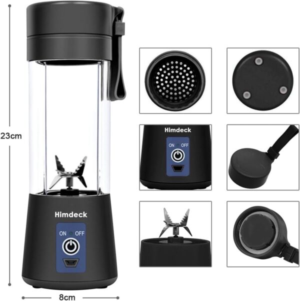 Personal Blender, Portable Blender for Smoothies and Shakes Handheld Electric Fruit Mixer Machine Six Blades 380mL USB Rechargeable Ice Mini Juicer Cup Home/Office/School/Outdoors (Black) - Image 3