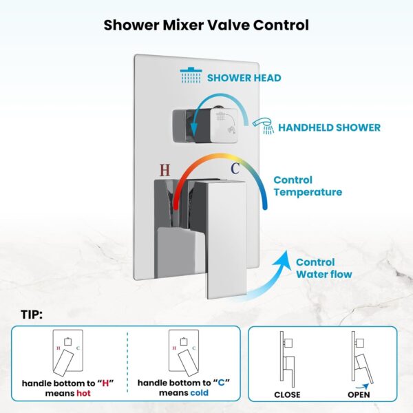 gotonovo Polished Chrome Bathroom 10 Inch Rainfall Shower Head Ceiling Mount with Handheld Spray Shower Mixer Faucet Luxury High Pressure Shower Combo Set Rough-in Valve and Shower Trim Included - Image 7