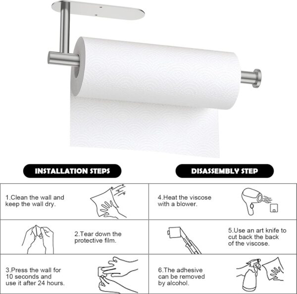 Vicloon Kitchen Roll Holder Under Cabinet,Stainless Steel Paper Towel Holder Countertop,Kitchen Self-Adhesive Wall Mounted Paper Towel Rack,Stainless Steel Paper Towel for Bathroom,Washroom-Silver - Image 5