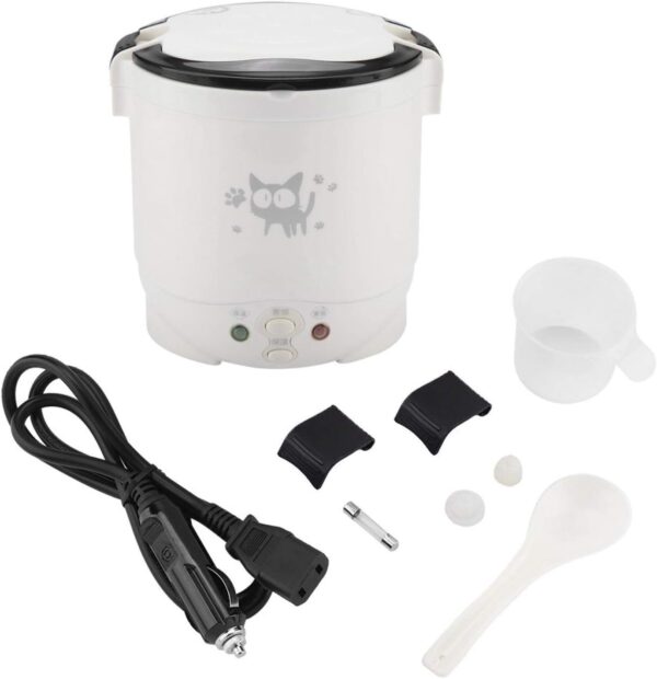 Mini Rice Cooker, 12V 100W 1L Electric Food Steamer, 2 Cups Portable Travel Steamer Small, All-in-1 Multi Cooker Stainless Waterproof Non-Stick Pot(White) - Image 2