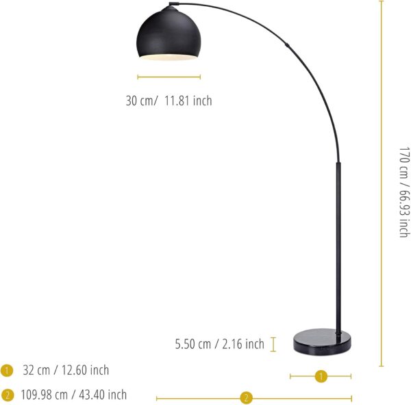 Teamson Home Standing Floor Lamp for Living Room, Arquer 170cm Tall Lamp, Bedroom Lighting, Living Room Accessories with Faux Black Marble Base and Black Bell Shade - Image 4