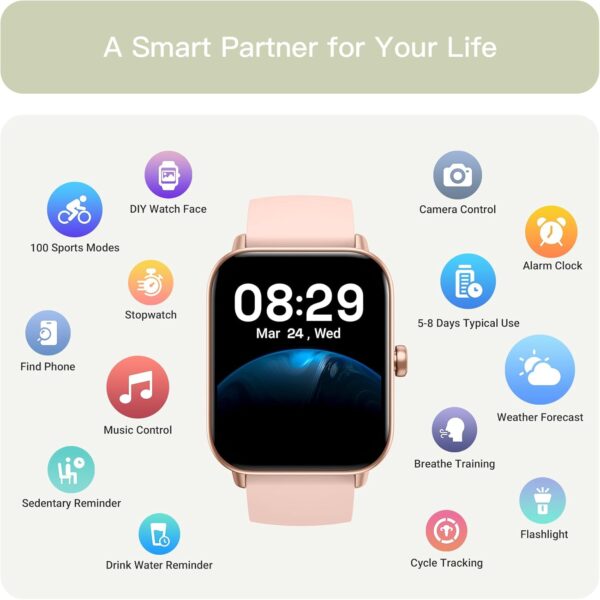 Smart Watch for Women (Alexa Built-in & Bluetooth Call), 1.8" Smartwatch with SpO2/Heart Rate/Sleep/Stress Monitor, Calorie/Step/Distance Counter, 100+ Sport Modes, IP68 Fitness Watch for Android iOS - Image 7