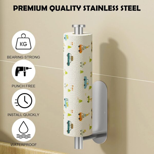 Vicloon Kitchen Roll Holder Under Cabinet,Stainless Steel Paper Towel Holder Countertop,Kitchen Self-Adhesive Wall Mounted Paper Towel Rack,Stainless Steel Paper Towel for Bathroom,Washroom-Silver - Image 4