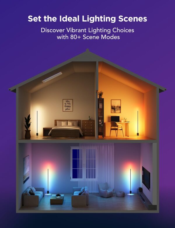 Govee LED Floor Lamp RGBIC, Dimmable Standing Lamp 152cm Work with Alexa and Matter, APP and Remote Control, Music Sync, Multicolour Scene Modes, Black Corner Floor Lamps for Living Room, Bedroom - Image 10