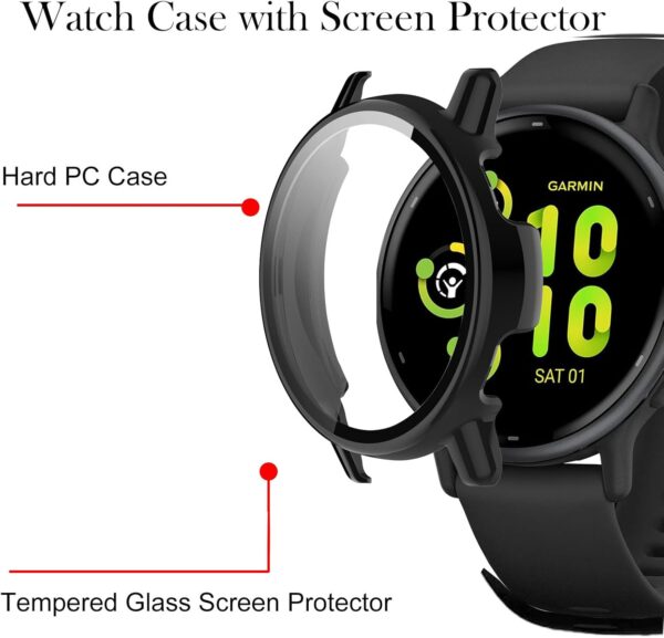 KZIOACSH Case with Screen Protector for Garmin Vivoactive 5, 2 Pack Ultra Slim Full Coverage Hard PC Proctective Case Lightweight Shockproof Anti-Scratch Bumper Cover with Tempered Glass, Clear+Black - Image 4