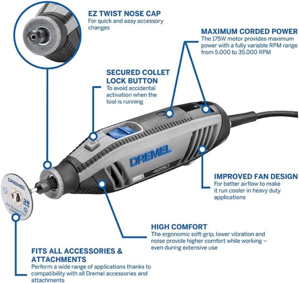 Dremel 4250 Rotary Tool 175 W, Multitool Kit with 6 Attachments 128 Accessories, 175W Motor with Electronic Feedback, Variable Speed 5.000-35.000 RPM - Image 4