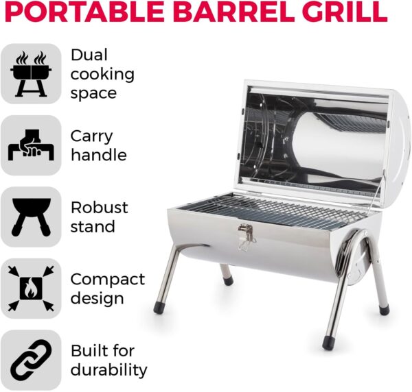 Tower T978574 Portable Barrel Grill with Wooden Carry Handle, Compact Design, Safety Locking Mechanism, Stainless Steel - Image 3