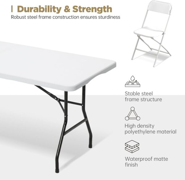 6 FT White Picnic Folding Table Set with 8 White Chairs, Portable Patio Dining Sets for Backyard, Commercial Use, Outdoor Event, Party, Camping - Image 6