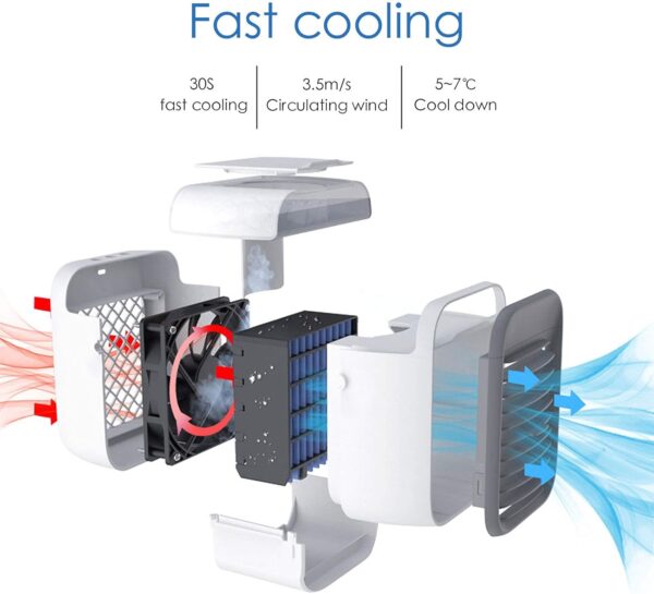 Portable Air Cooler, Personal Mini Air Conditioner, 3 in 1 Mini Evaporative Conditioner with Handle / 7 LED Light/Humidifier/Purifier/ 3 Speeds Desktop Cooling Fan for Home, Office and Bedroom - Image 10