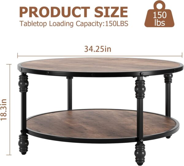 IDEALHOUSE Round Coffee Table for Living Room Rustic Center Table with Storage Shelf Wood Circle Coffee Table with Sturdy Metal Frame, Easy Assembly(Brown) - Image 3