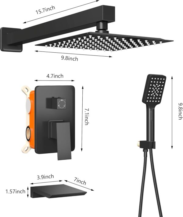LCEVCGK Shower Faucet Set Complete Matte Black Shower System with 10 inch Square Rainfall Shower Head 3-Function Handheld Shower Waterfall Bathtub Spout Rain Shower Combo Set Bathroom Wall Mounted - Image 8