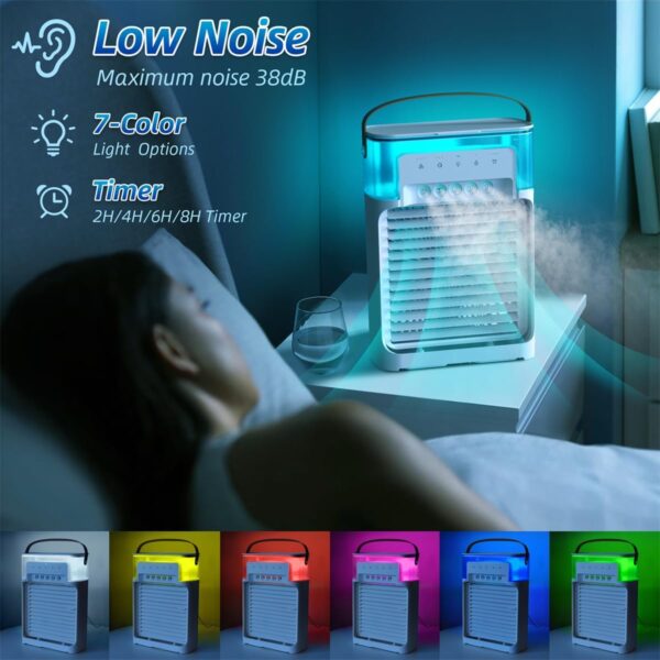 NTMY Portable Air Cooler, Personal Air Conditioner fan, USB Misting Humidifier for All Season Use with 4 Speeds & 3 Misting Levels, 7 Colors LED Light, 8H Timer, 1200ML Water Tank, Remote Control - Image 7