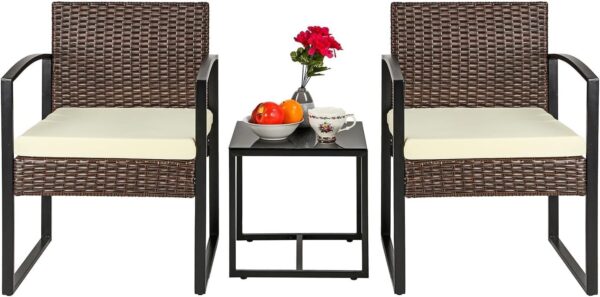 Greenfields 3pc Bistro Set - Modern Rattan Conversation Patio Furniture with Cushioned Chairs and Tempered Glass Table - Outdoor Coffee Table, Chair Set for Garden, Balcony, Porch, or Backyard - Image 2