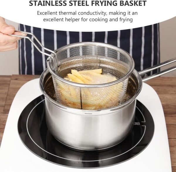 Angoily Stainless Steel Deep Fry Basket with Handle, Round Wire Fry Basket Deep Fryer Strainer for Frying (26X15X9. 5cm), Silver - Image 5
