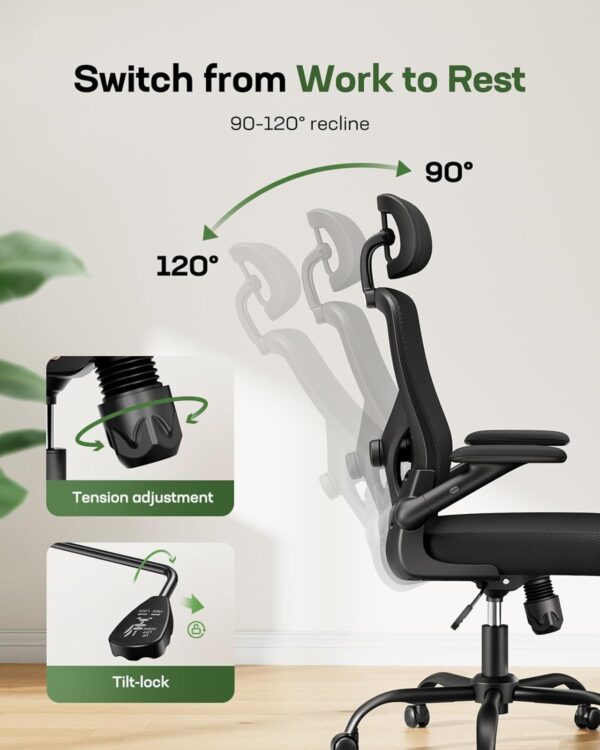 Marsail Ergonomic Mesh Office Chair High Back Desk Chair Adjustable Lumbar Support with Headrest Flip-Up Liftable Arms Swivel Computer Task Chair, Black - Image 8