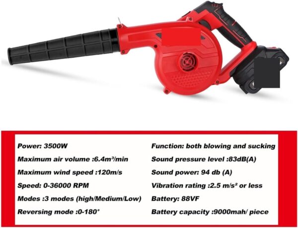 Centrifugal Blower, 2In1 3500W Cordless Electric Air Blower， 36000RPM Wireless blower Leaf Garden Sweeper Tools For 18V Battery Vr(2 Battery) - Image 4