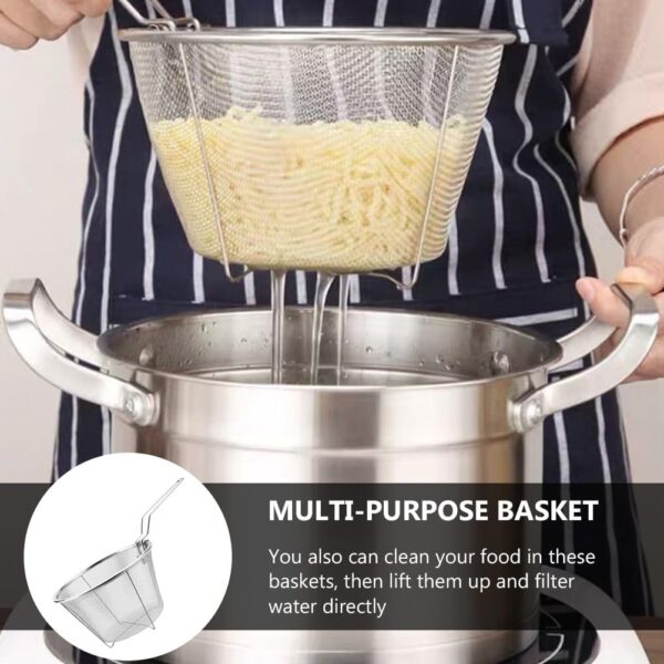 Angoily Stainless Steel Deep Fry Basket with Handle, Round Wire Fry Basket Deep Fryer Strainer for Frying (26X15X9. 5cm), Silver - Image 6