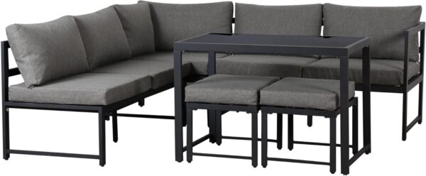 Patio Set for 6-7 People - Outdoor Corner Sofa with Adjustable Backrest, 5-Piece Garden Furniture Set, Glass Coffee Table, Cushions, 2 Sofa Stools, Grey - Image 8
