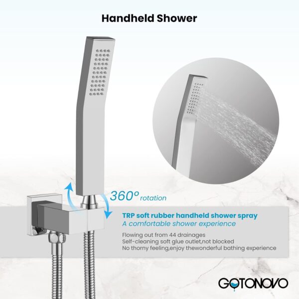 gotonovo Polished Chrome Bathroom 10 Inch Rainfall Shower Head Ceiling Mount with Handheld Spray Shower Mixer Faucet Luxury High Pressure Shower Combo Set Rough-in Valve and Shower Trim Included - Image 6