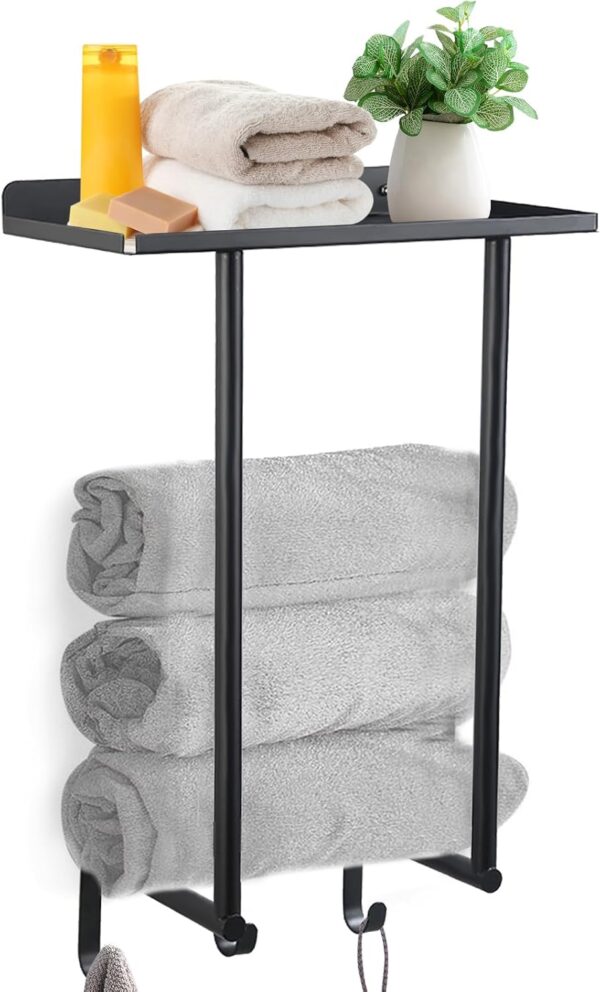 Gzsekken Wall Mounted Towel Rack,Towel Holder Towel Storage with Metal Shelf & 3 Hooks,Steel Towel Rack for Bathroom Wall, Can Hold 3 Large Size Rolled Towel Holder Organizer, Black - Image 2