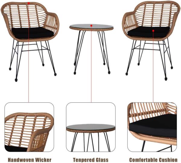 Rattan Bistro Set - 3 Pieces Patio Balcony Bistro Set, Patio Furniture Lounge Outdoor Table Chairs Garden Furniture Wicker Cushion Glass Plate - Image 6