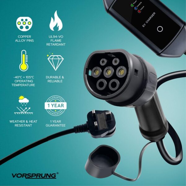 VORSPRUNG® Portable EV Charger Type 2 10A (UK Plug 3 Pin) - Rapid Electric Vehicle Portable Charging Cable T2 (IEC 62196-2 Type 2) EV Charger 3 Pin to Type 2 for All Type 2 EV/Phevs (5 Meter) -UK - Image 4
