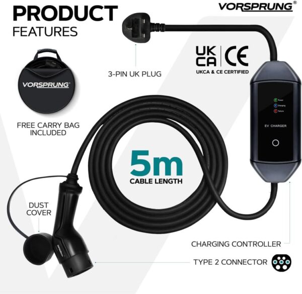 VORSPRUNG® Portable EV Charger Type 2 10A (UK Plug 3 Pin) - Rapid Electric Vehicle Portable Charging Cable T2 (IEC 62196-2 Type 2) EV Charger 3 Pin to Type 2 for All Type 2 EV/Phevs (5 Meter) -UK - Image 3