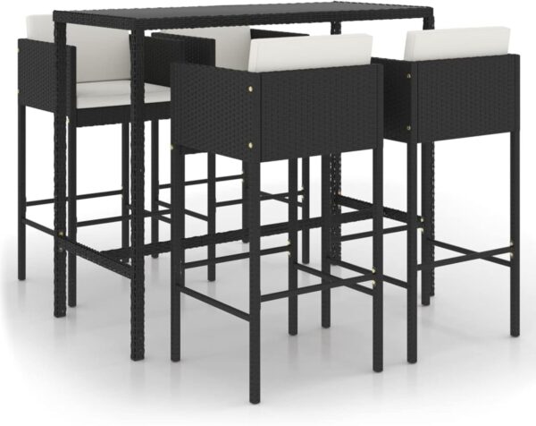 Outdoor Garden Bar Set w/Cushion Poly Rattan Bar Table & Stool 5 Piece Furniture Set Black Perfect for Gardens Patio & Deck - Image 2
