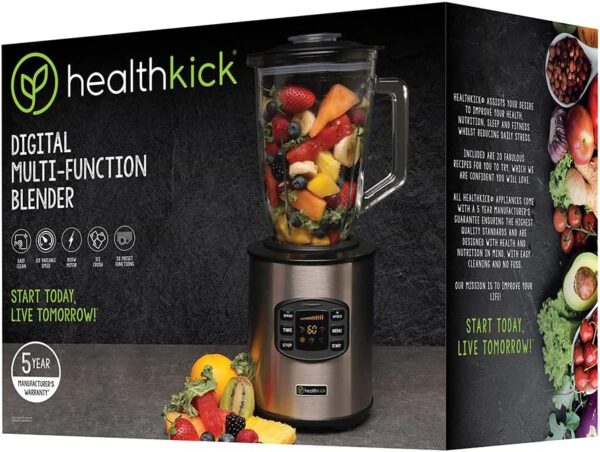 HealthKick 800w Digital LCD Ice Crushing Smoothie Blender - 1.5L Glass Jug - 12 speeds, 5x Presets, 3x Functions: Pulse/Ice Crush/Smoothie - Variable Speed Control - K3252 - Stainless Steel - Image 3