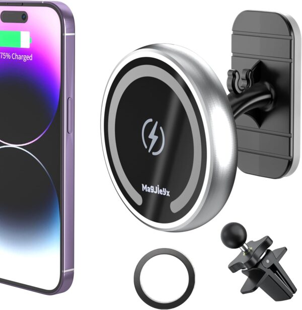 MAGJIEYX for Magnetic Magsafe Car Charger Mount, Wireless 15W Fast Charging Phone Holder Compatible with iPhone 15,14 Pro Max,13,Plus 12, Mini,MagSafe Case,Stick On Dashboard and Air Vent (Silver) - Image 2