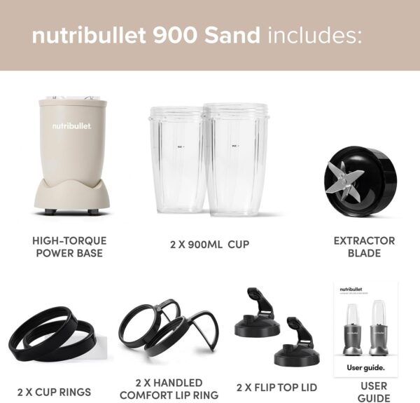 nutribullet Blender 900 Series in Matte Sand - Powerful 25,000 RPM Extractor Blends Frozen Fruit, Nuts & Ice for Smoothies & Juices - 11 Piece Kit Includes Cups, To Go Lids, Lip Rings & User Manual - Image 4