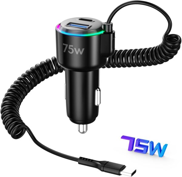 USB C Car Charger,75W Fast Car Charger with USB C Coiled Cable+USB A+C Port,Car Phone Charger USB C Adapter Support PD+QC3.0+PPS Fast Charge,Car Cigarette Lighter USB Charger for iPhone 16/15/Samsung - Image 2