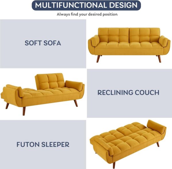 Fangflower Bed Yellow Velvet Sofa, Adjustable Backrest Convertible Sleeper Futon Loveseat with Tapered Wood Legs for Living Room, Bedroom, Apartment Lounge, Garage - Image 7