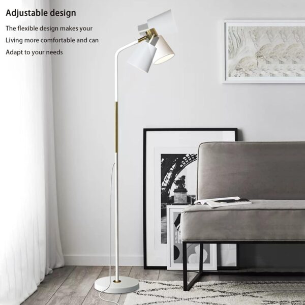Floor Lamp, Industrial Floor Lamps Corner Lamp Rustic Farmhouse Standing Lamp, Adjustable Metal Heads Indoor Task Lighting Reading Floor Lamps for Living Room, Bedroom, E27 Socket (White) - Image 3