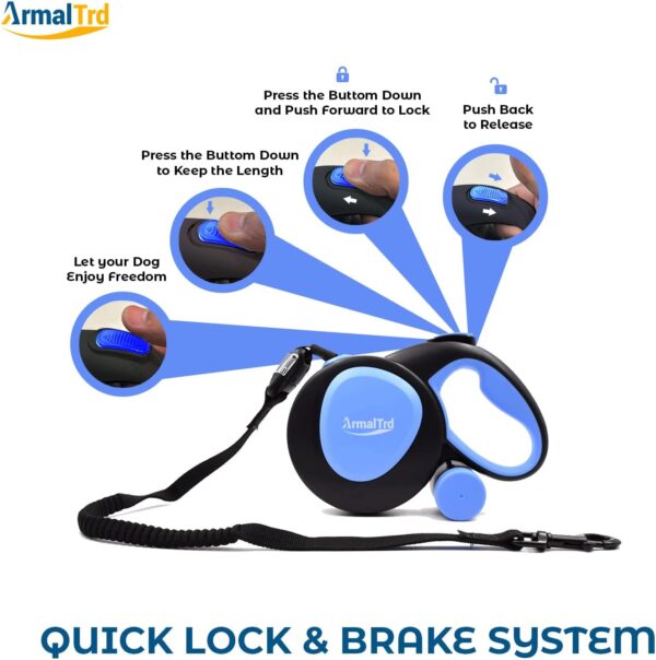 AMRALTRD 360° Tangle-Free Retractable Dog Lead for Up to 30 kg Dogs, Strong Heavy duty Nylon Extandable Leash One-Handed Brake, Pause, Lock (Small, Medium & Large, Blue/Black) - Image 4