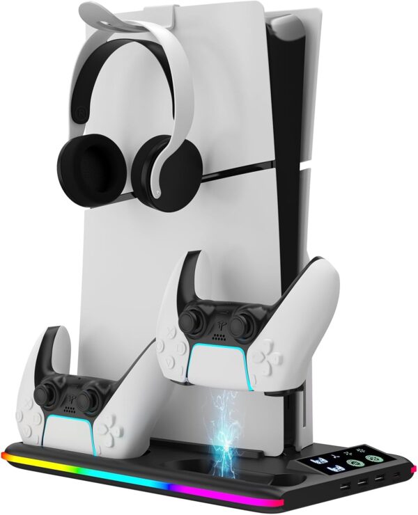 Aceshop PS5 Stand With Cooling Fan, Vertical Stand for PS5 Slim (Disc & Digital Edition) Cooling Station With Dual Controller Chargers, RGB Light, 3 USB HUBs, Headset Holder (Black) - Image 2