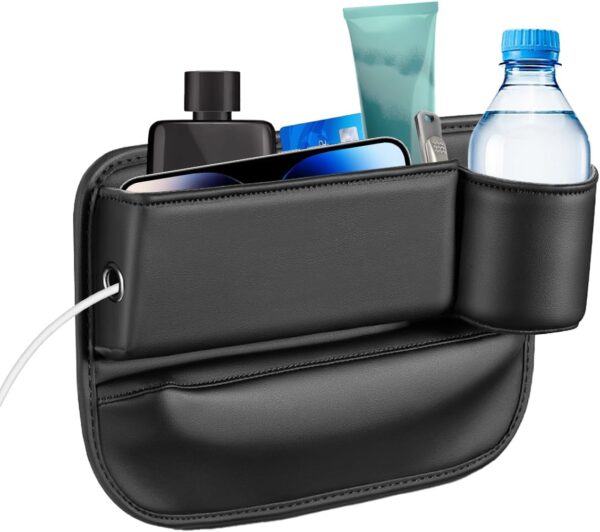 Car Seat Gap Filler Organizer, Car Leather Cup Holder Gap Bag, 2 in 1 Front Seat Gap Filler & Storage Box with Cup Holder & Data Cable Hole, Car Seat Gap Storage Box for Glasses Phones Keys and Cards - Image 2