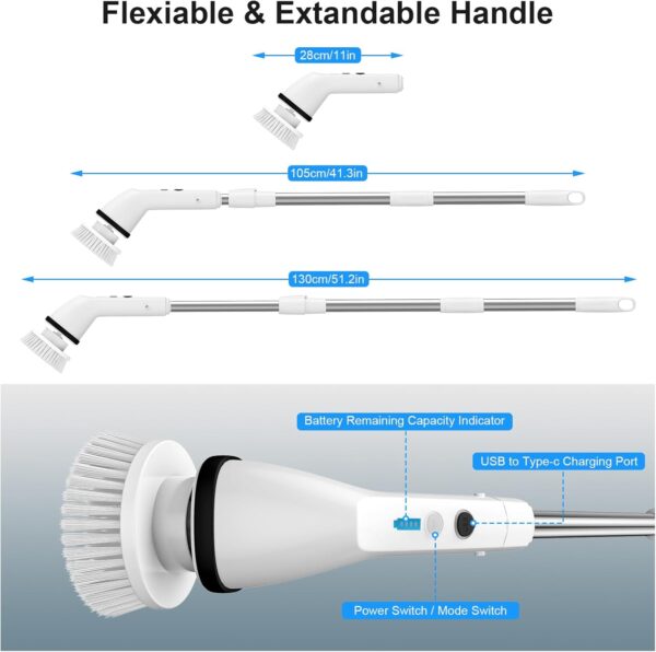 Electric Spin Scrubber, Wesstun IPX6 Waterproof Electric Cleaning Brush, Cordless Electric Scrubber with 2 Speeds Modes & Extendable Handle, 7 in 1 Brush Heads for Bathroom, Kitchen & Floors (White) - Image 3