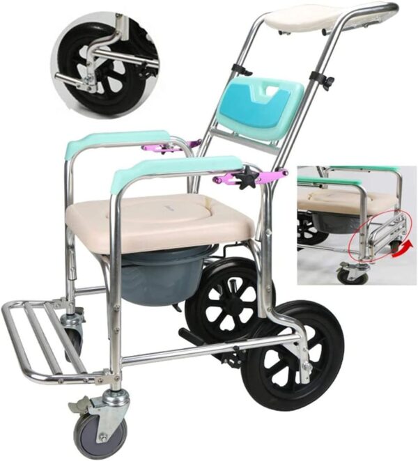Commode Chair, with Wheeled Toilet Chair/Wheelchair Shower Transport Chair/Bathroom Bath Stool, Adjustable Backrest Angle Shampoo Bathroom Toilet Chair Wash Wheelchair Seat - Image 4