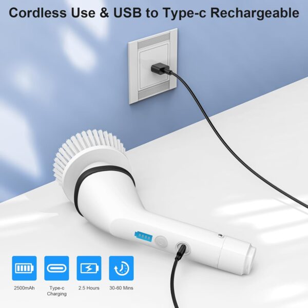 Electric Spin Scrubber, Wesstun IPX6 Waterproof Electric Cleaning Brush, Cordless Electric Scrubber with 2 Speeds Modes & Extendable Handle, 7 in 1 Brush Heads for Bathroom, Kitchen & Floors (White) - Image 5