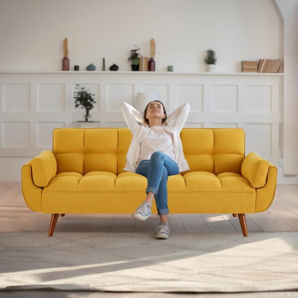 Fangflower Bed Yellow Velvet Sofa, Adjustable Backrest Convertible Sleeper Futon Loveseat with Tapered Wood Legs for Living Room, Bedroom, Apartment Lounge, Garage - Image 4