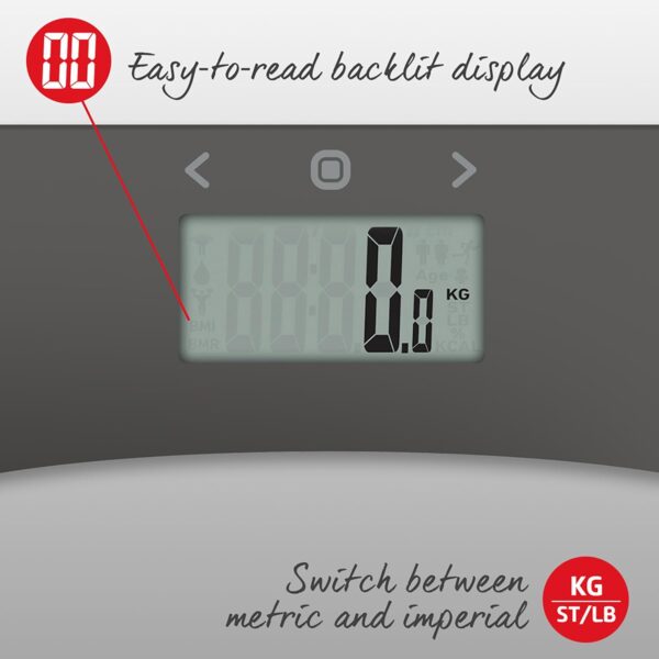 Salter 9127 SVSV3R Glass Analyser Bathroom Scale – 180KG Electronic Body Weight Scale, Measures Body Fat, Body Water, Muscle Mass, Bone Mass, BMI and BMR, 10 User Memory, Step-On, Batteries Included - Image 4