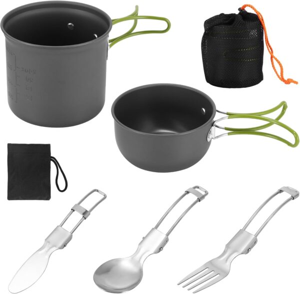 Palmcee Camping Cookware Set, Aluminium Camping Pots and Pans with Foldable Cutlery, Multifunctional Cooking Equipment for 2 Persons Hiking Picnic Campfire - Image 2