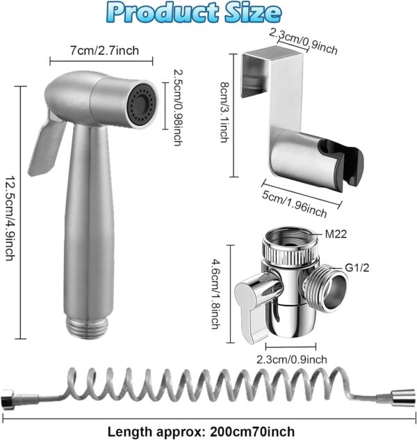 Bidet Shower Kit, Stainless Steel Bidet Hand Shower for Bidet Toilet Shower with 2 Way Shower Diverter, 1.5m Spring Hose and Hand Shower Holder - Image 3