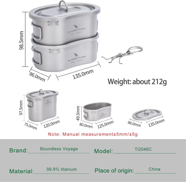 iBasingo Titanium Canteen Cups Kidney-shaped Camping Pot Bowl Set with Lid & Hanging Chain Ultralight Kitchen Cookware Cooking Mess Kit 300ml+600ml for 1 man Outdoor Hiking Activitives Ti2046C - Image 3